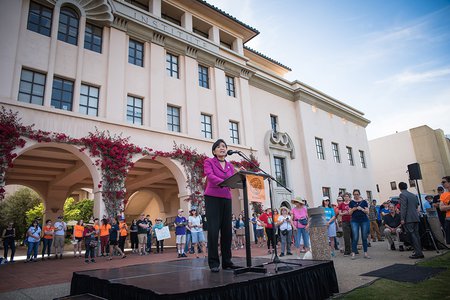 U.S. congresswoman Judy Chu greets participants at the start of the march. Other speakers included Caltech professors, scientists, and staff, as well as state politicians and other local leaders. 