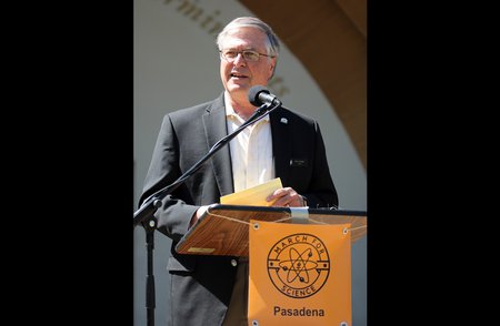 Marchers were greeted in Memorial Park by Pasadena mayor Terry Tornek. 