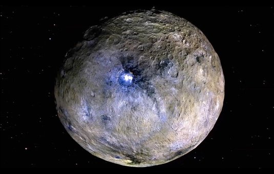 An enhanced-color rendering of Ceres bsed on images from NASA's Dawn mission
