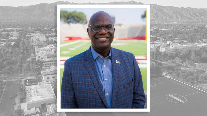 A headshot of Terrance Tumey superimposed on a black and white view of a Caltech athletics field