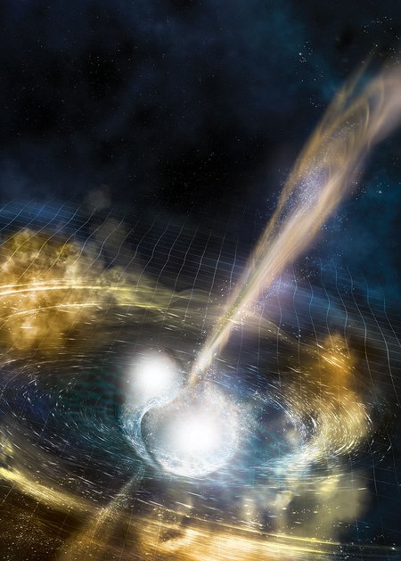 Artist’s illustration of two merging neutron stars.