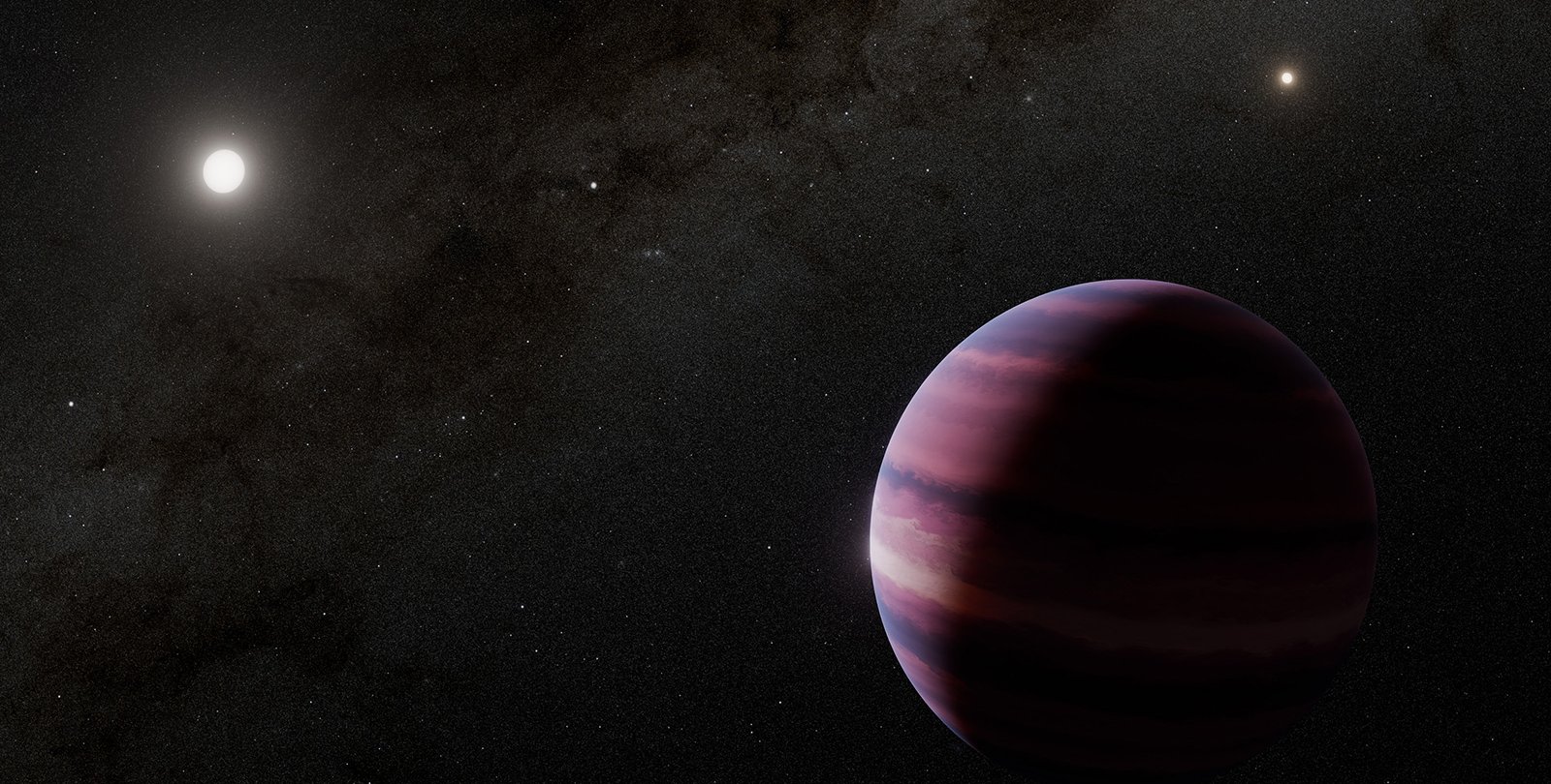 Pinkish streaked gas planet sits in front of two bright stars.