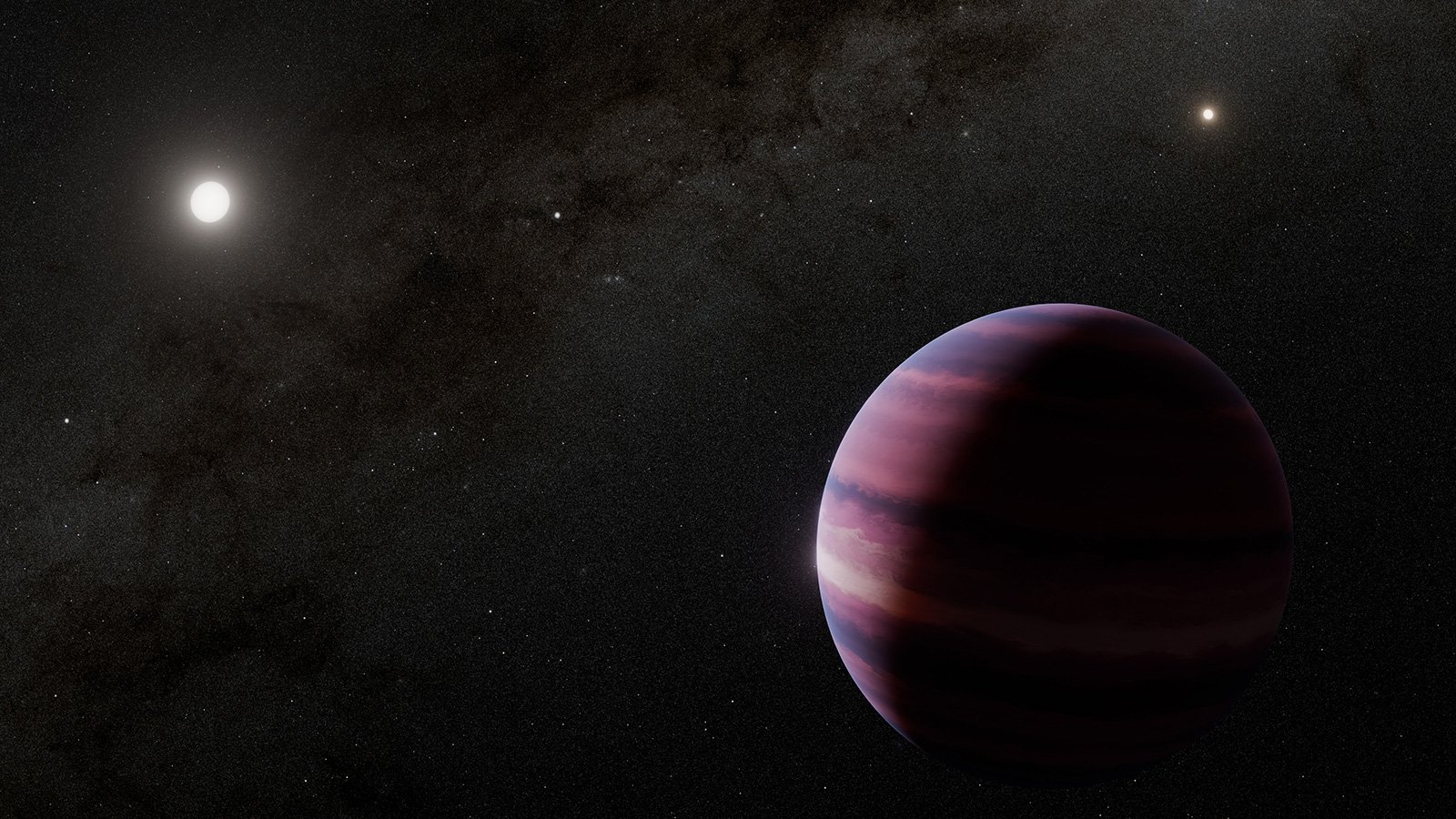 Pinkish streaked gas planet sits in front of two bright stars.