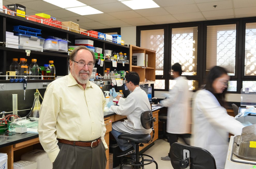David Baltimore in a lab on Caltech's campus