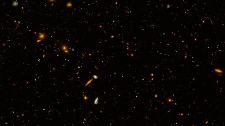 Hubble image of distant galaxies.