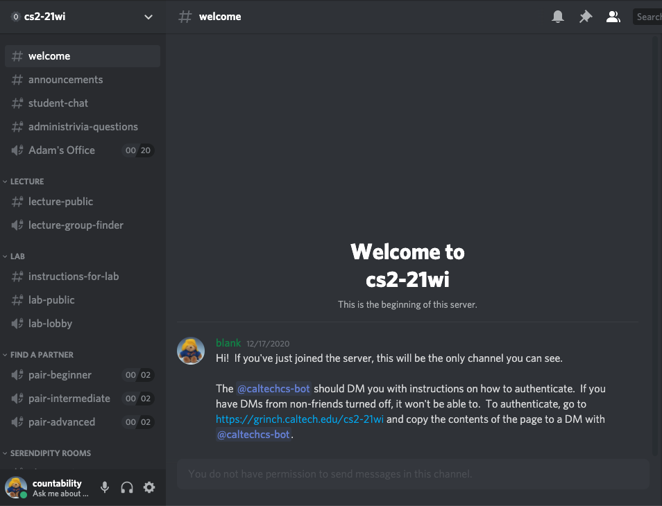 Screenshot of the Discord welcome page for CS 2