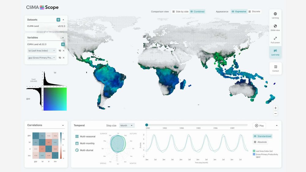 An image of the CliMAScope interface with leaf coverage (LAI) visualized in green and photosynthetic energy production (GPP) in blue. Bright teal areas indicate high leaf coverage and energy production. Data are only shown for specific regions.