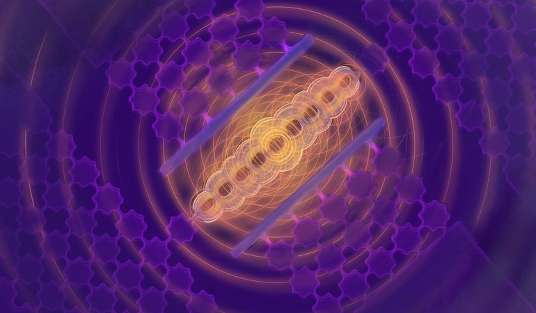 An artist's concept of a quantum memory storage device. It is rectangular and surrounded by a grid of smaller squares. Sound waves seem to radiate within it and out of it.