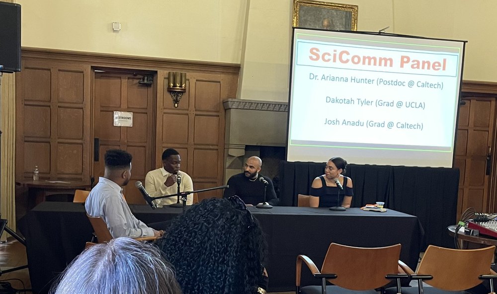 From left to right: Thomas Henning, Josh Anadu, Dakotah Tyler, and Arianne Hunter speak on the science communication panel.