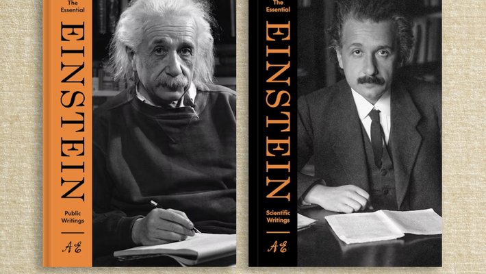 book jackets for the Essential Einstein, scientific writings and public writings. Each volume has a picture of Einstein on the cover.