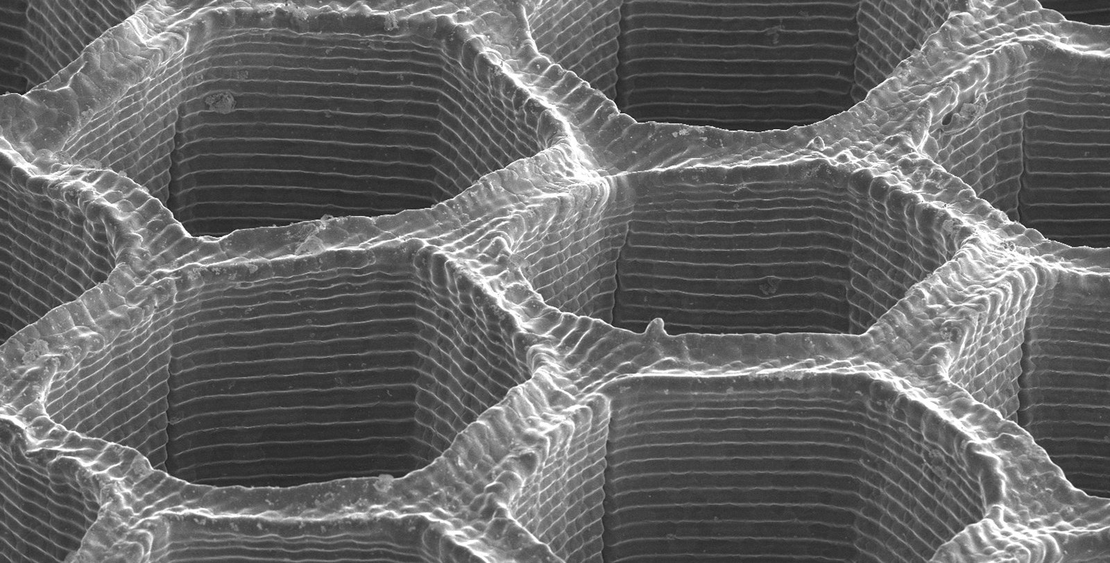 black and white microscopy image featuring layered hexagons