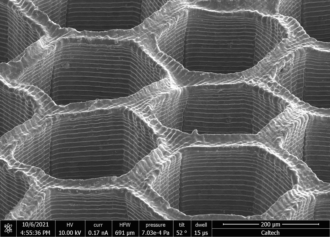 black and white microscopy image featuring layered hexagons