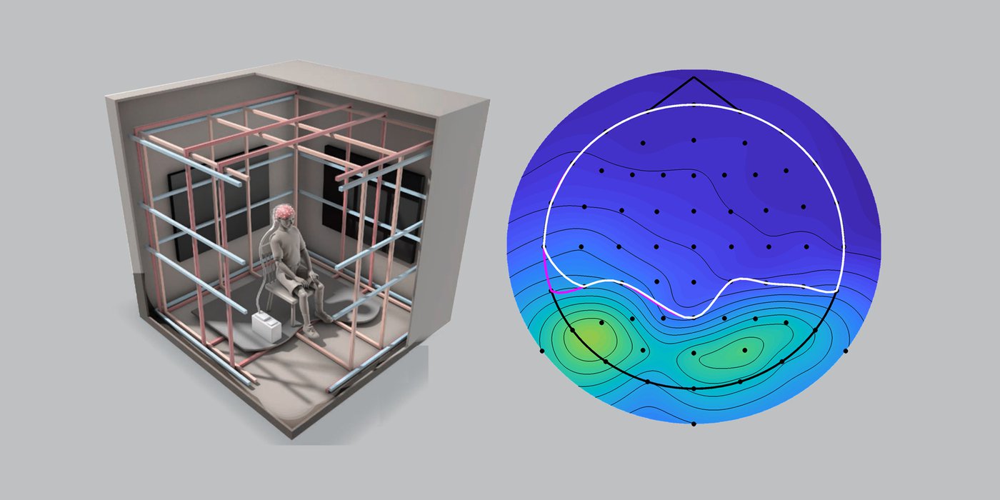 Schematic drawing of magnetoreception test chamber, next to brainwave data