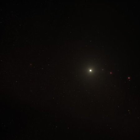 Artwork of the HR 8799 system showing a white star and four red planets.