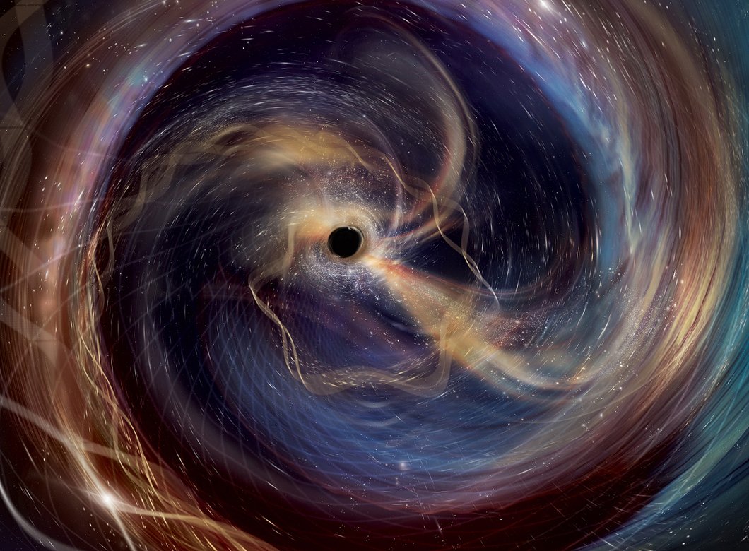 Swirling, colorful, wisps of gas surround a black hole.