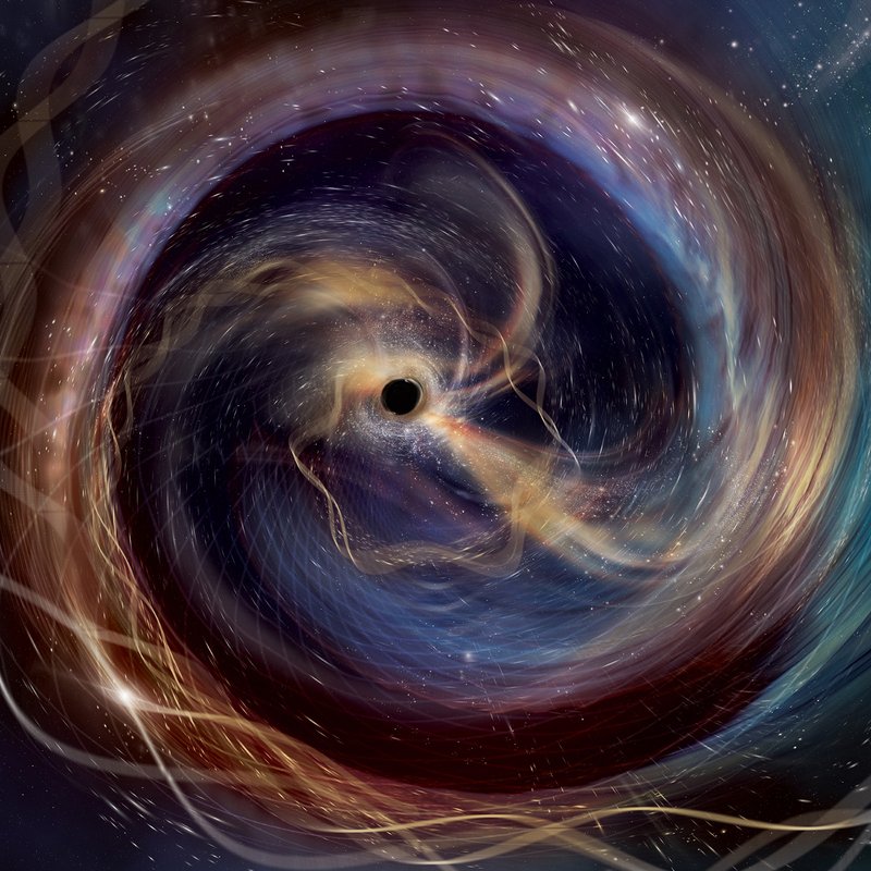 Swirling, colorful, wisps of gas surround a black hole.