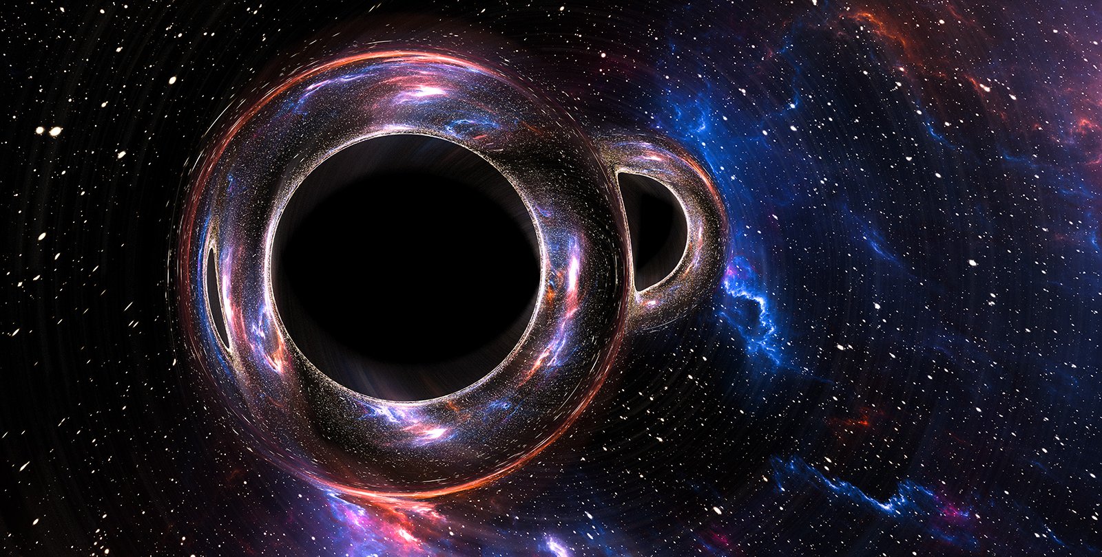 Two black circles appear to merge like bubbles with stars in the background.