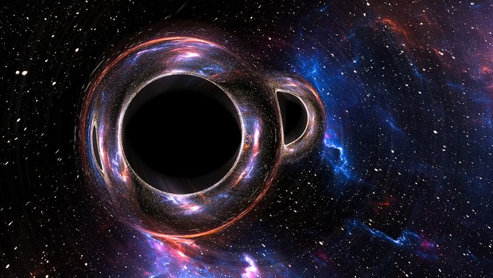 Two black circles appear to merge like bubbles with stars in the background.
