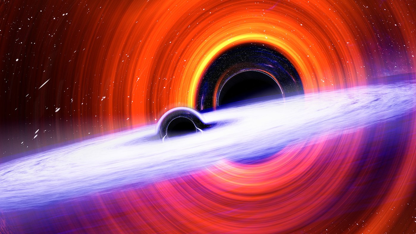 One black hole rotates in front of another, with its orbital plane at a different orientation.