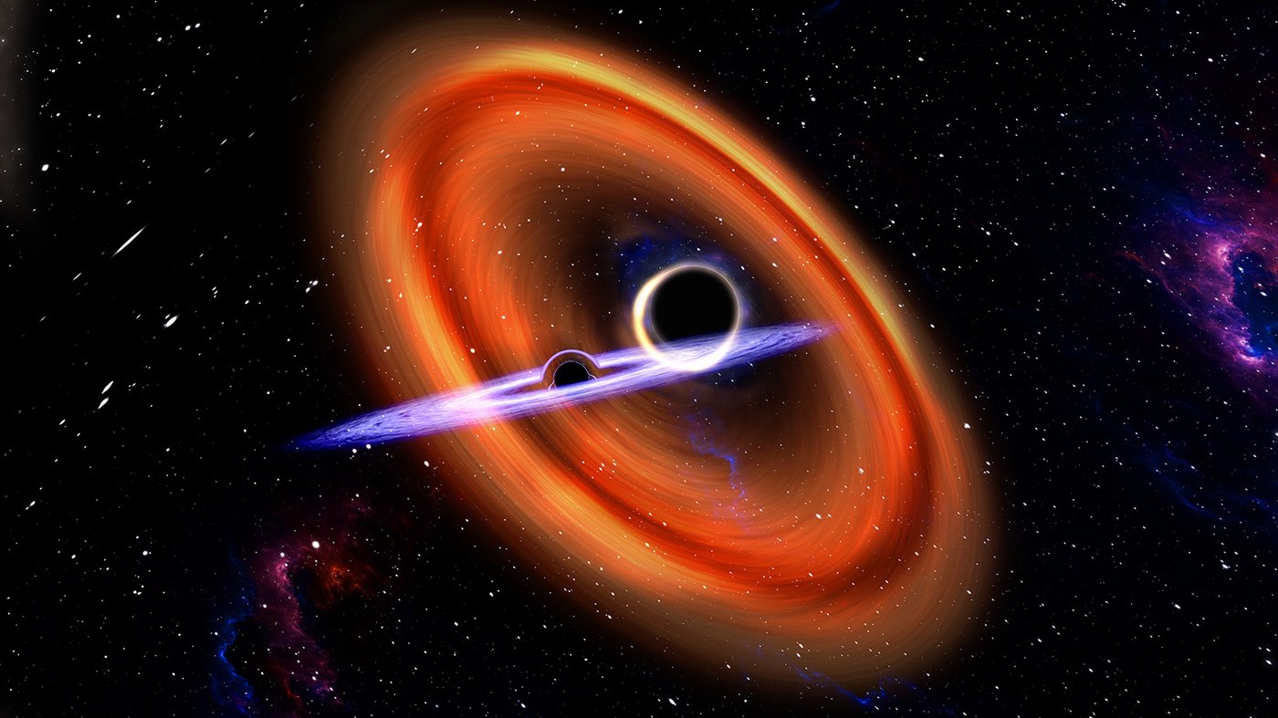 Two merging black holes with disks of debris around them. 