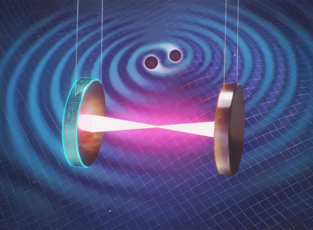 hanging mirrors are seen with lasers between them and ripples in space-time in the background