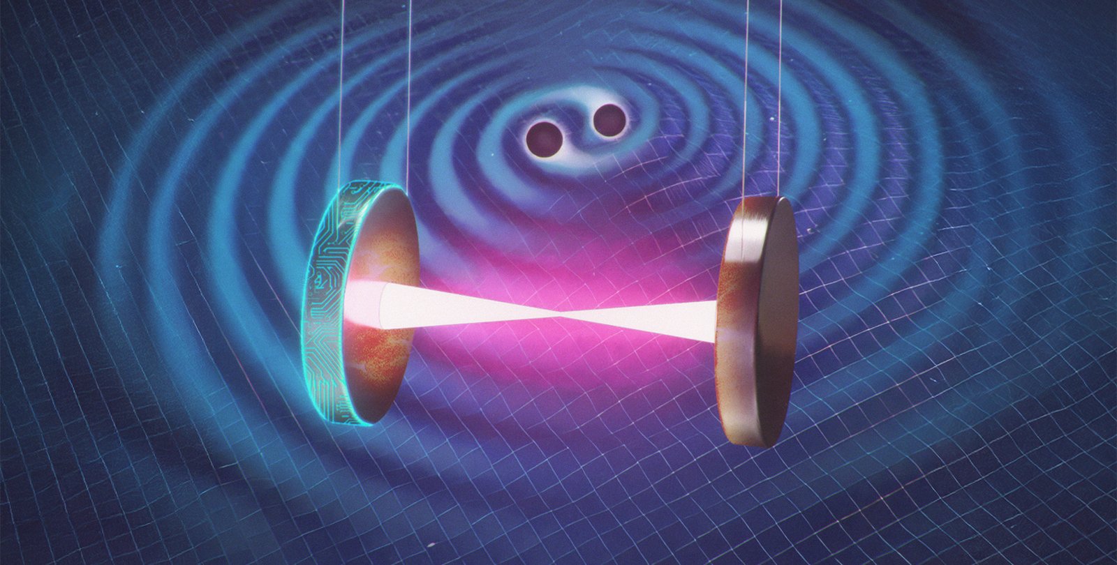 Two giant mirrors with lasers in front of ripples in space-time