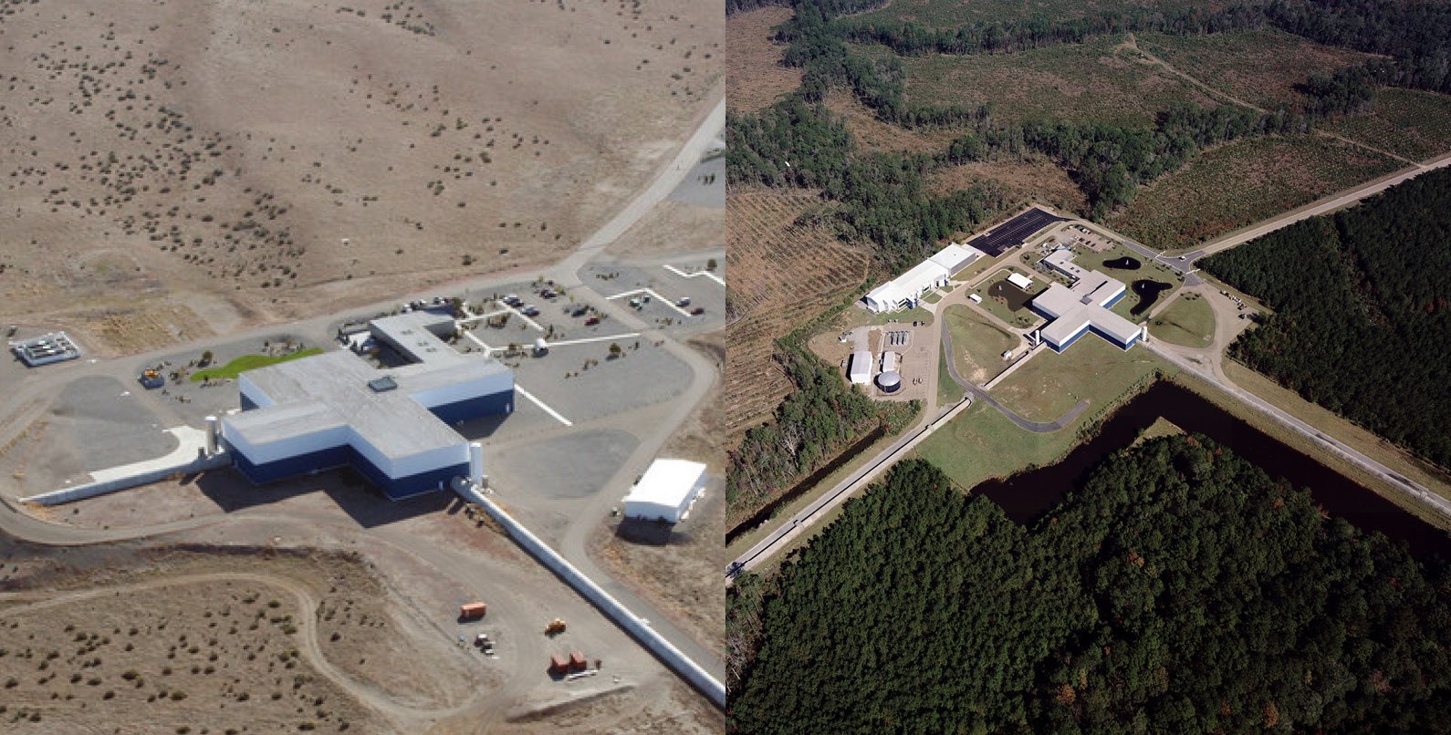 Side-by-side-by of the twin LIGO detector buildings.