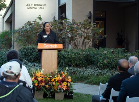 Adriene Tri, daughter of Lee Browne, addresses the crowd at the November 17 dedication ceremony.