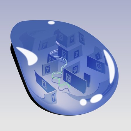A blue droplet containing a maze of images and a green strand representing DNA