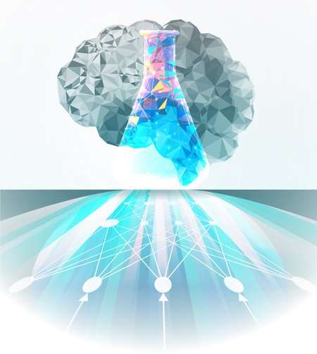 An artistic rendering of a brain with a test tube flask in front