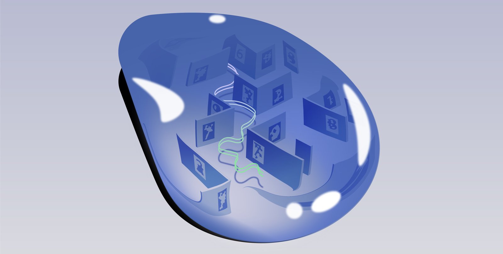 A blue droplet containing a maze of images and a green strand representing DNA