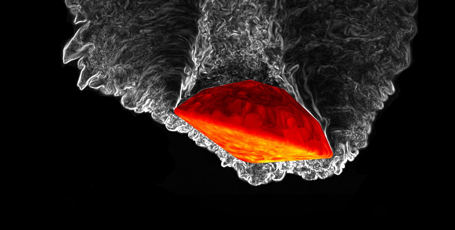 a space capsule shown lit up in orangish red is pushing downward through a tide of grayish swirls on a black background