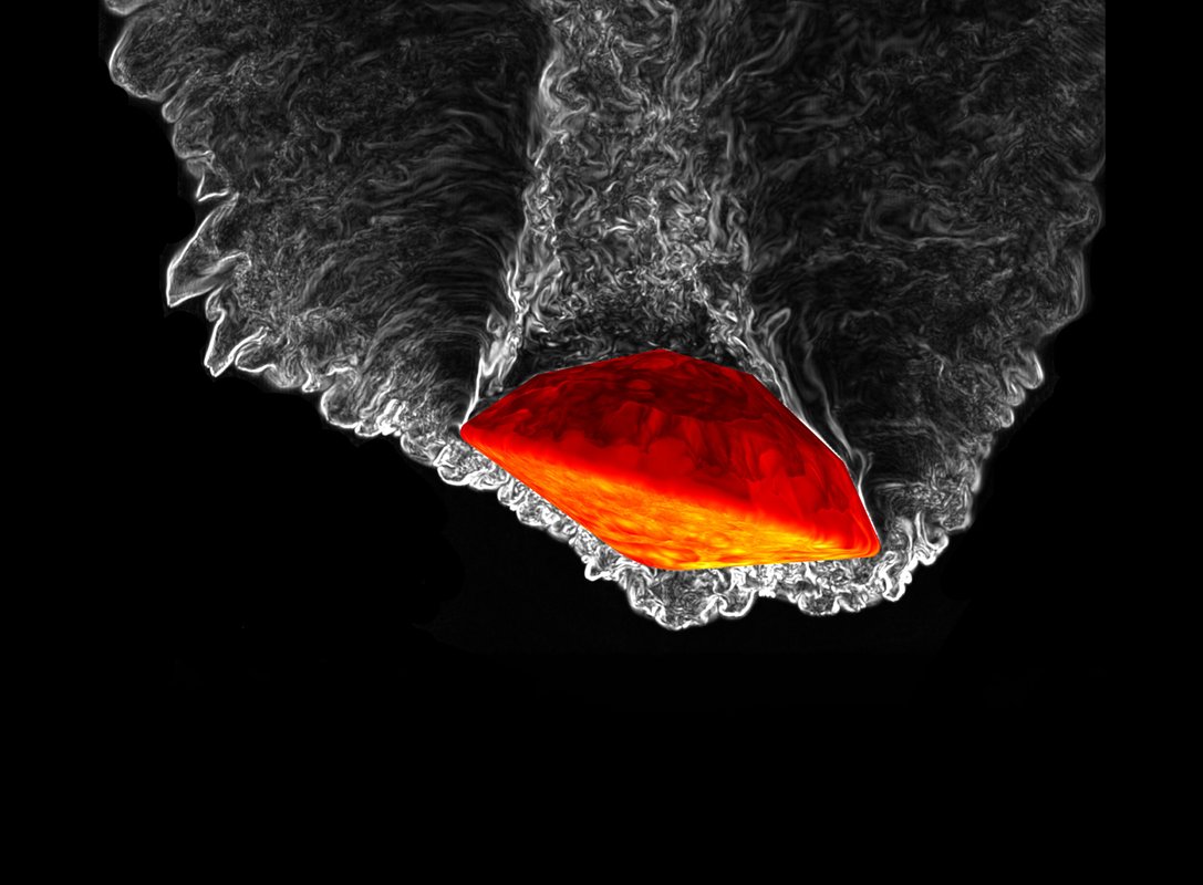 a space capsule shown lit up in orangish red is pushing downward through a tide of grayish swirls on a black background