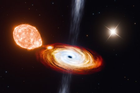 Artwork of the V404 Cygni system, in the black hole is consuming a nearby star.