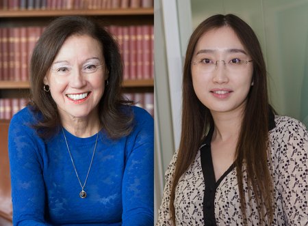 A composite photo of two women smiling for a picture