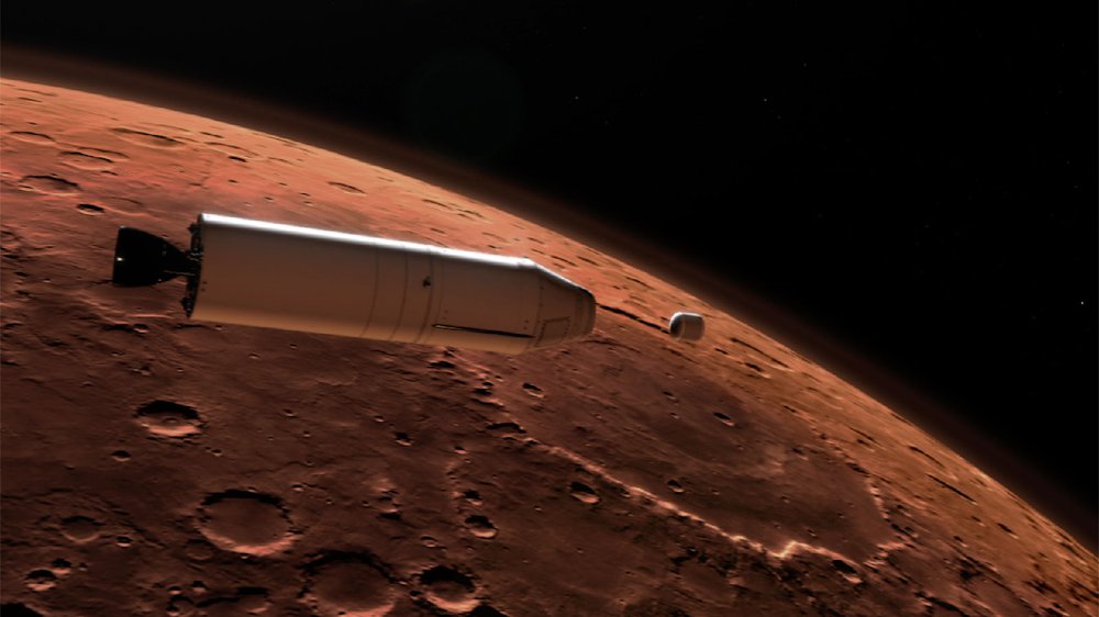 An artist&#x27;s rendering of a rocket releasing a container of samples from the surface of Mars into orbit around the planet.