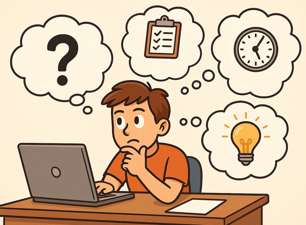 Cartoon of a boy sitting at a desk with a laptop computer open. There are four cartoon thought bubbles, one with a question mark, one with a clock, one with a light bulb, and one with a clipboard.