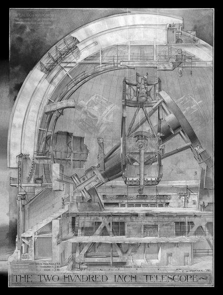 Detailed drawing of the Hale Telescope by Russell Porter