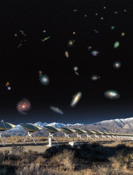 A photo montage of DSA-110 radio telescopes with the FRB host galaxies in these sky above.