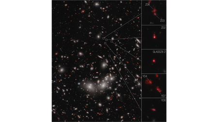 Zoomed in boxes on seven distant galaxy shapes