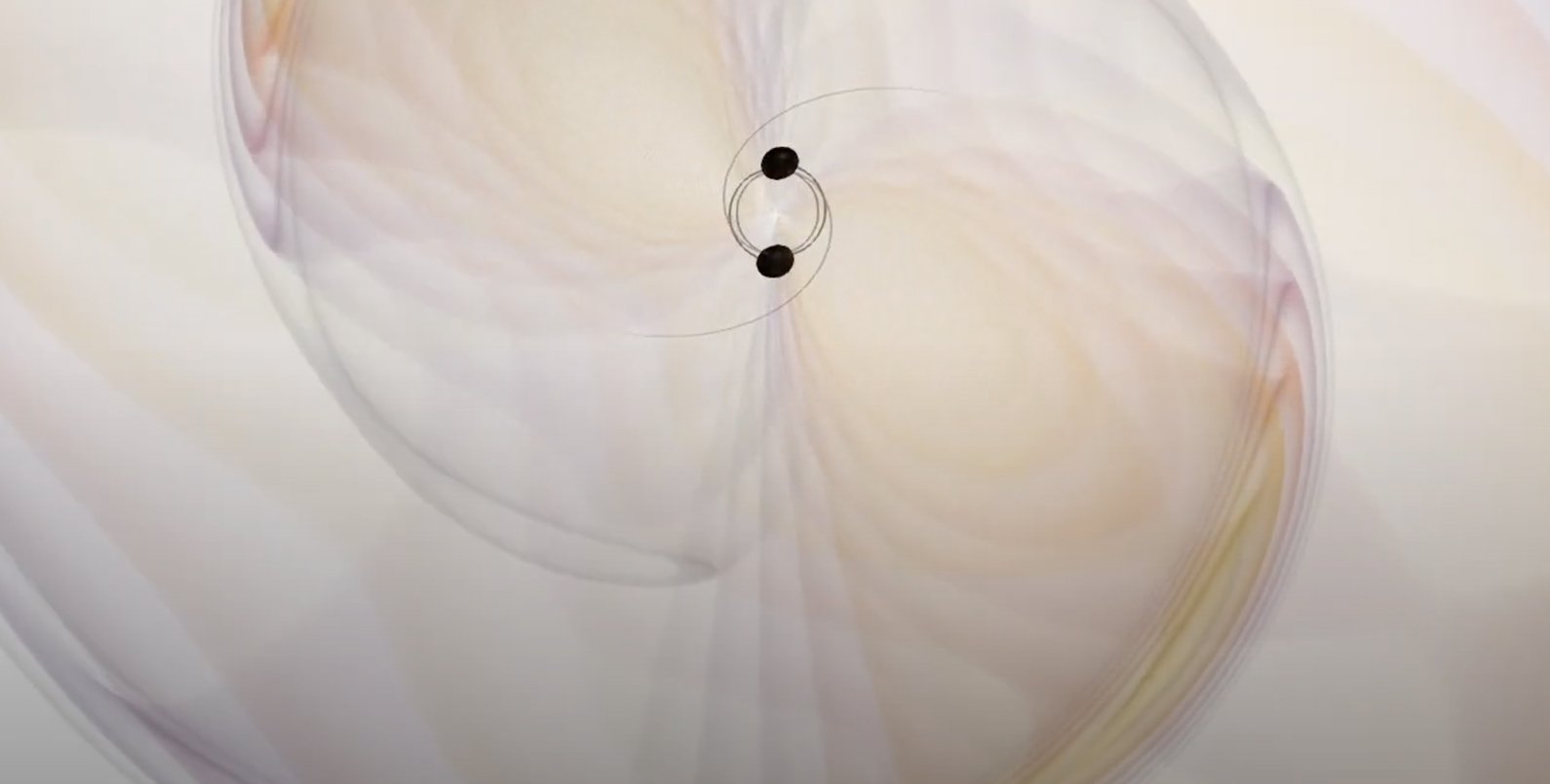 Two black dots surrounded by swirling waves.