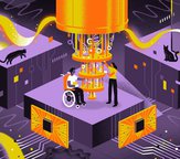 Illustration of a quantum computer with two people next to it, one in a wheelchair