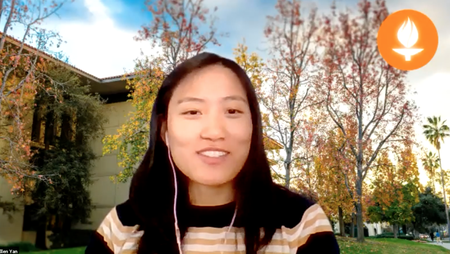 Ellen Yan in Zoom meeting with campus background