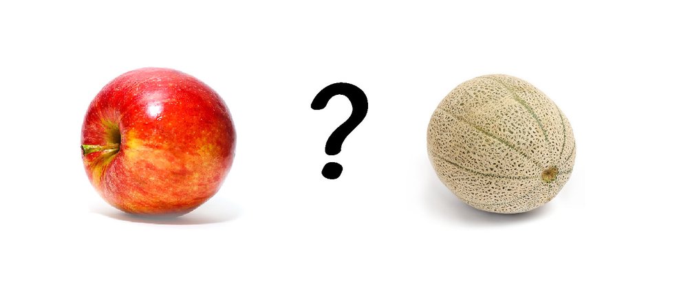 An apple and a cantaloupe with a question mark between them.