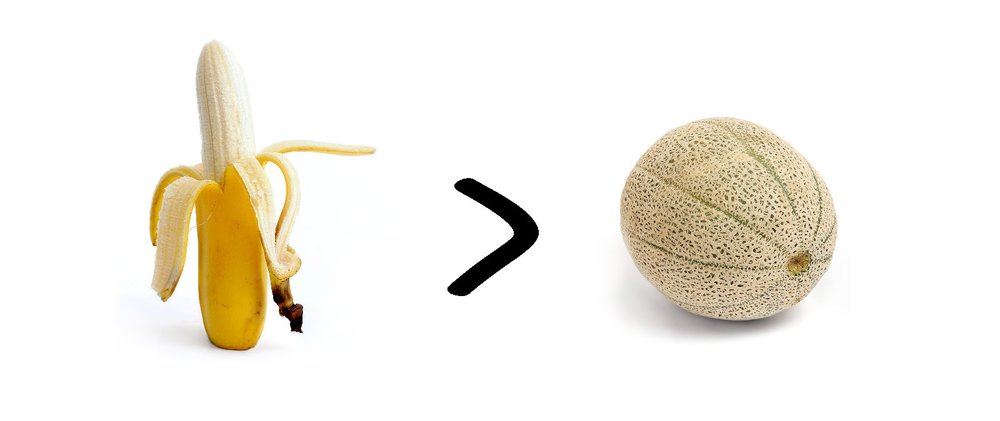 A banana and a cantaloupe with a greater-than sign open toward the banana.