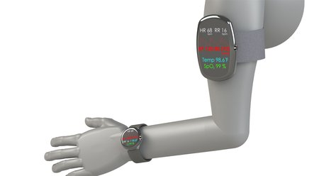 A gray arm with what looks like a watch and an armband showing blood pressure, temperature, and oxygenation information on small screens.