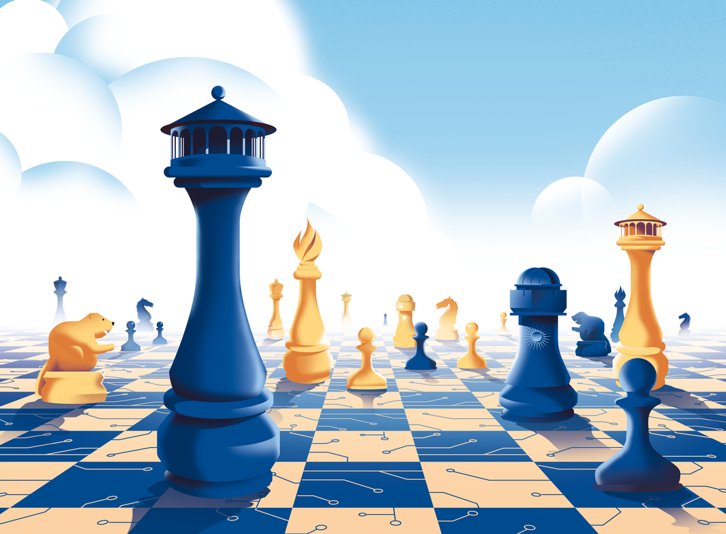 chess pieces on board with sky and clouds above