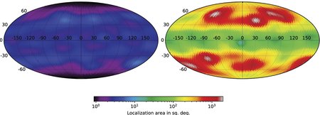 Map showing improvements in sky localizations with an additional detector.