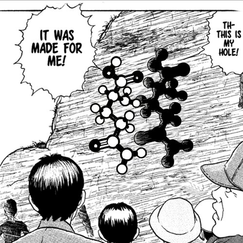 A line drawing of onlookers watching as a glutamine molecule moves toward a hole shaped exactly like it.