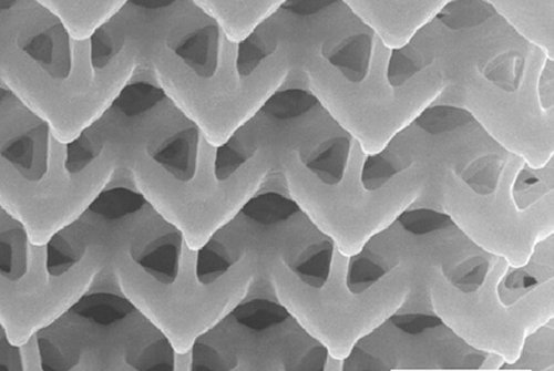 A nanoscale lattice prepared using a new technique developed by the lab of Julia R. Greer. The image was produced by an electron microscope.